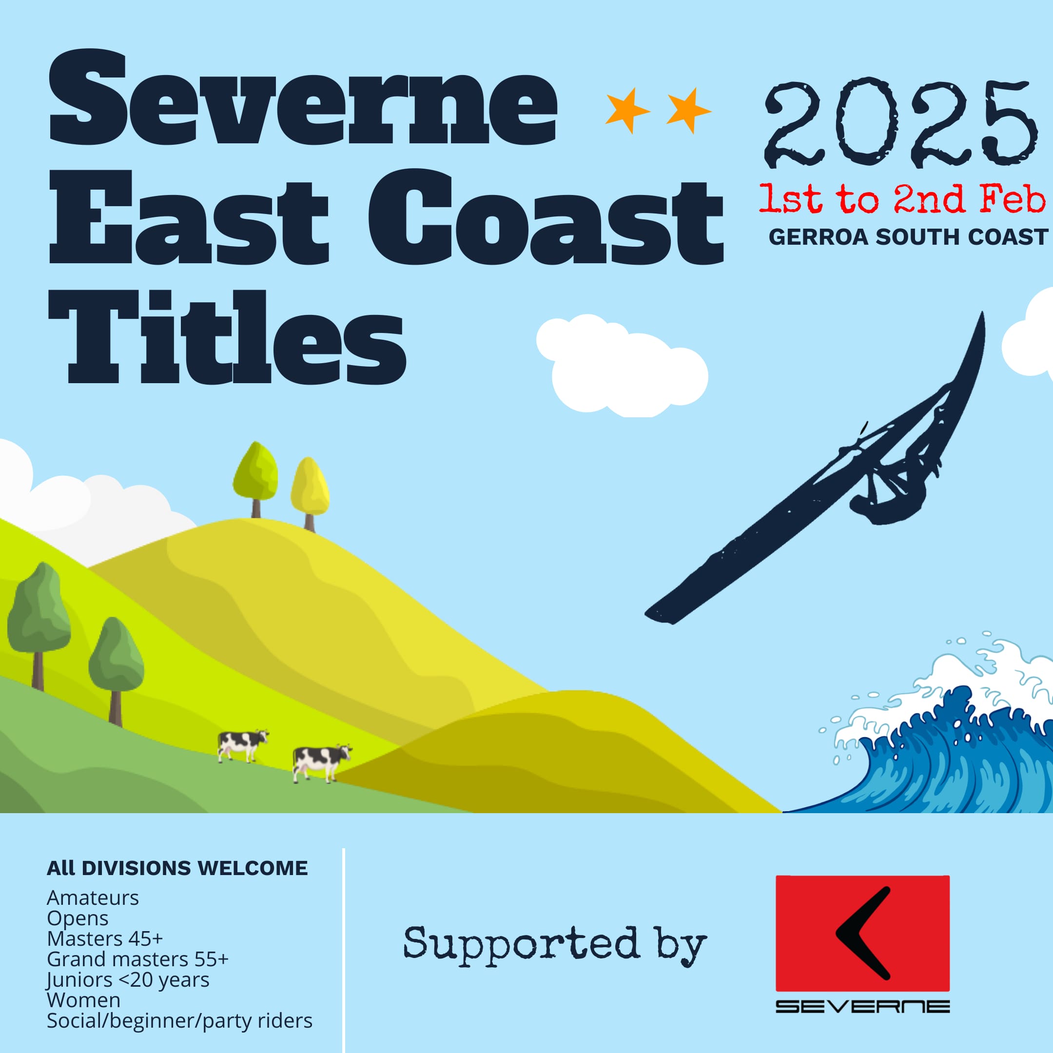 Promotional banner for the east coast waves sailing titles in Gerroa. Image is cartoon with green rolling hills meeting the ocean with waves. Their are two cows on the hills, watchiong a windsurfer jump waves. The image represents the Gerroa and south coast area of NSW