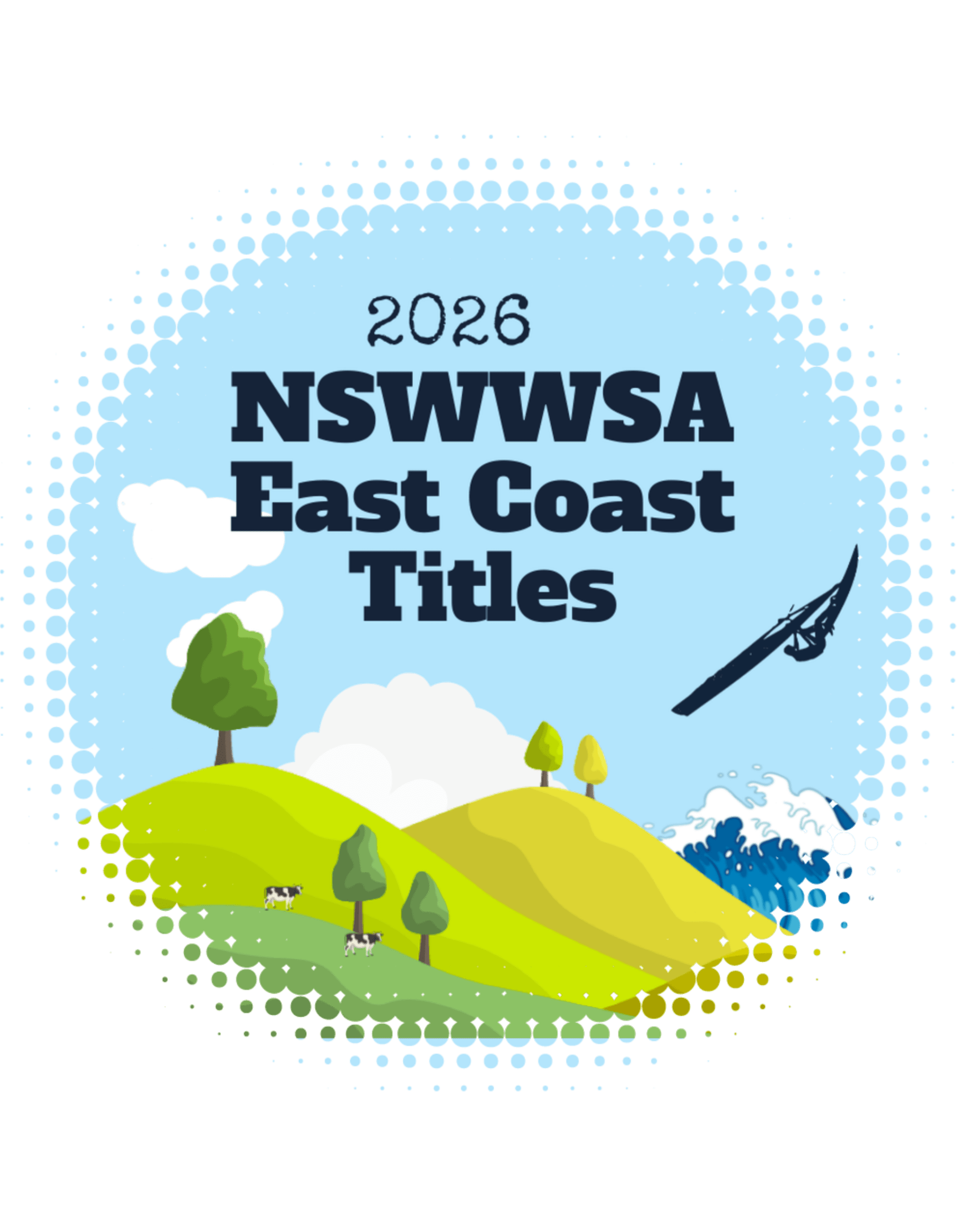 ECT Promotional banner for the east coast waves sailing titles in Gerroa. Image is cartoon with green rolling hills meeting the ocean with waves. Their are two cows on the hills, watchiong a windsurfer jump waves. The image represents the Gerroa and south coast area of NSW