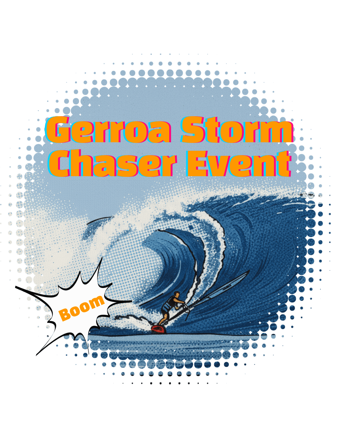 Storm Chaser Promotional banner for the east coast waves sailing titles in Gerroa. Image is cartoon with green rolling hills meeting the ocean with waves. Their are two cows on the hills, watchiong a windsurfer jump waves. The image represents the Gerroa and south coast area of NSW